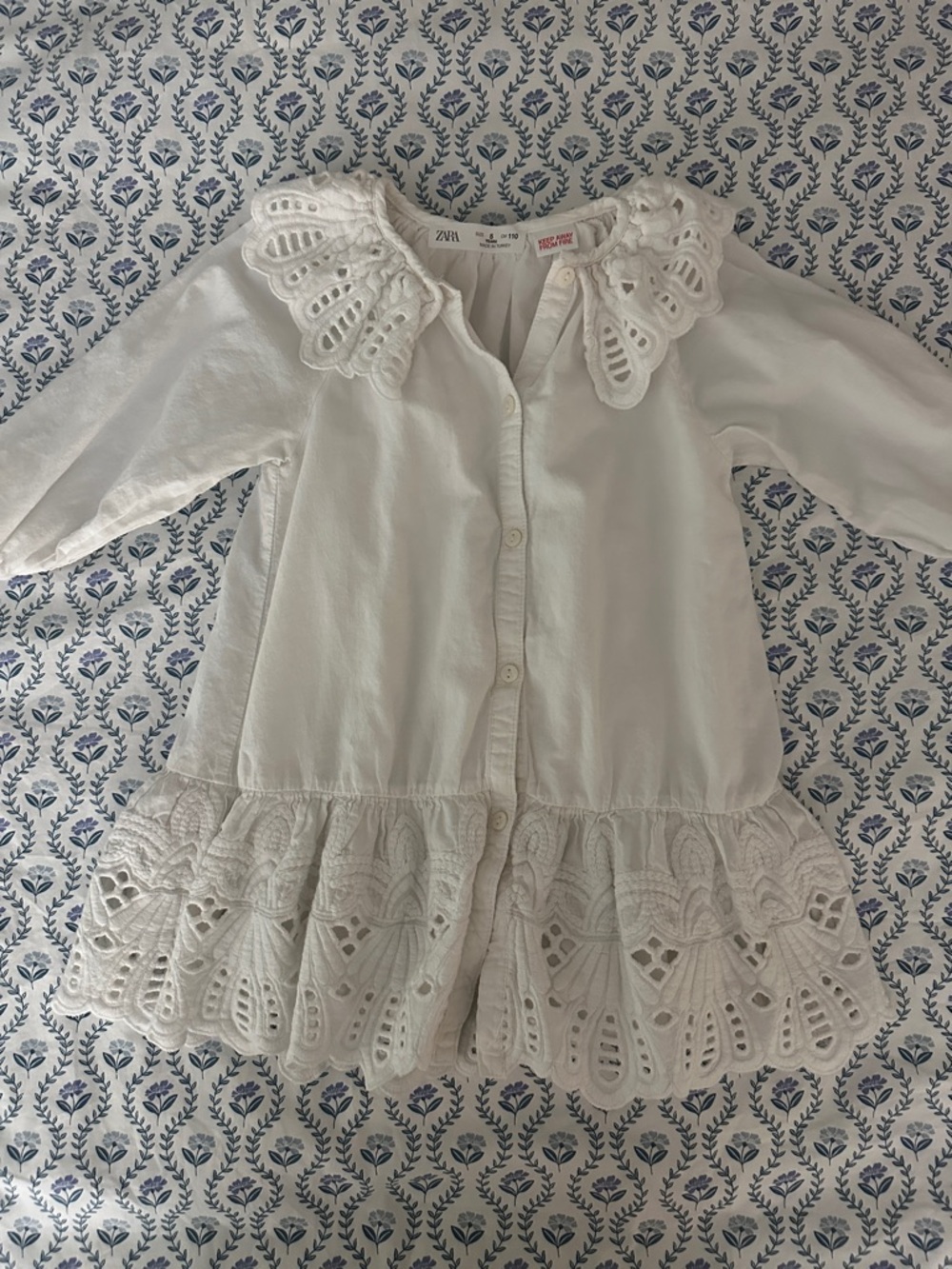 Zara White Eyelet Lace-Trim Button Dress